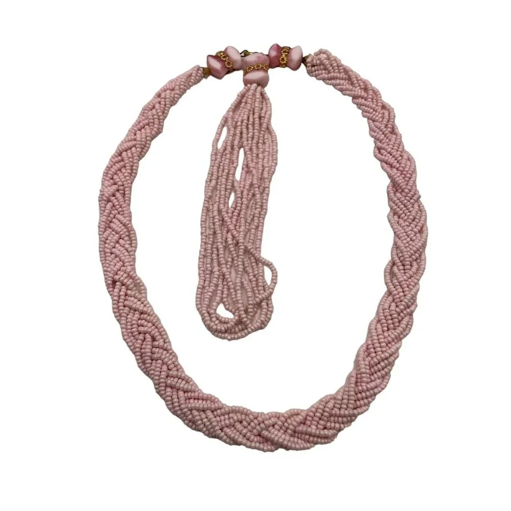 VTG Pink Seed Bead Milk‎ Glass Multi Strand Braided Tassel Necklace Earring Set